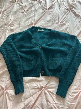 Altar'd State Teal Cropped Knit Button-Front Cardigan